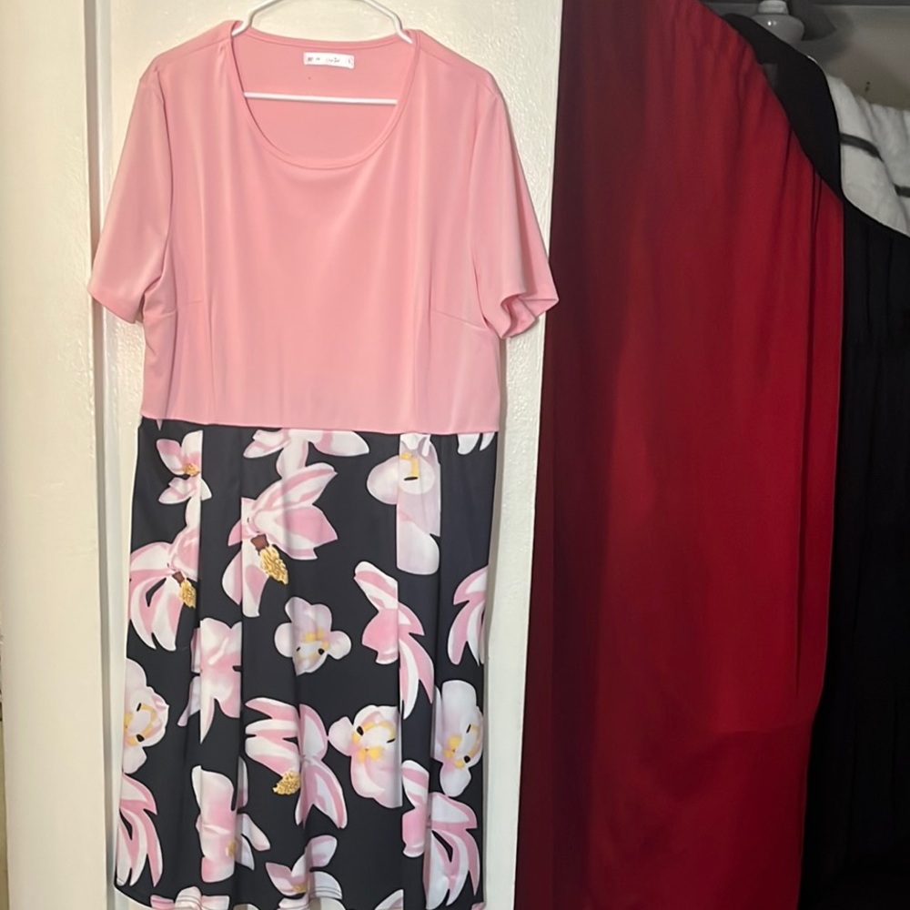 Rosegal Pink A-Line Midi Dress Casual Scoop Neck Short Sleeve